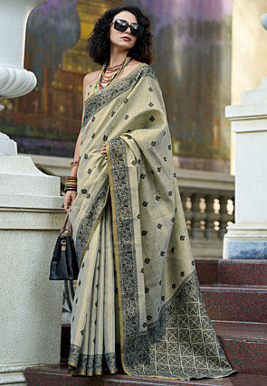 Woven Linen Cotton Saree in Dusty Green