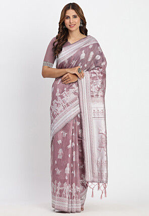 Woven Linen Cotton Saree in Dusty Purple