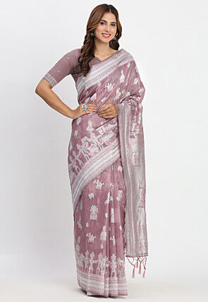 Woven Linen Cotton Saree in Dusty Purple
