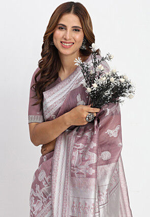 Woven Linen Cotton Saree in Dusty Purple