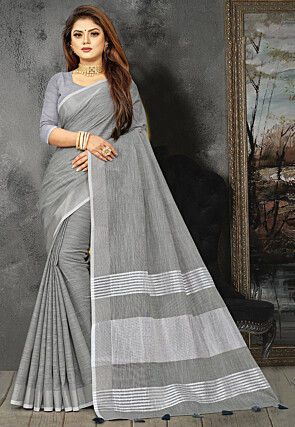 Woven Linen Cotton Saree in Grey