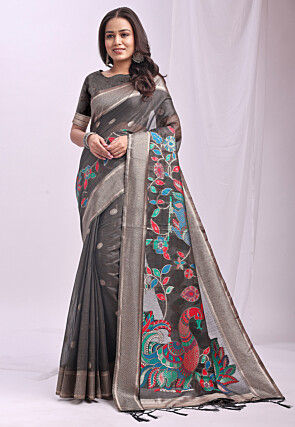 Woven Linen Cotton Saree in Grey