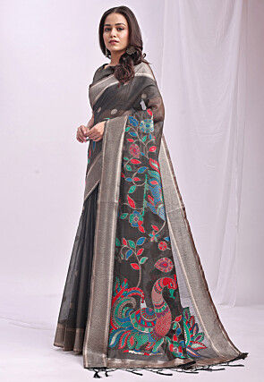 Woven Linen Cotton Saree in Grey