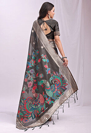 Woven Linen Cotton Saree in Grey