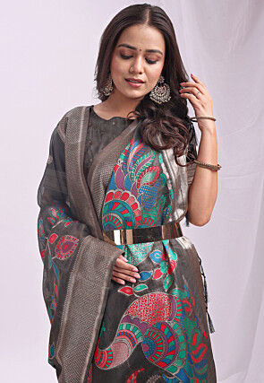 Woven Linen Cotton Saree in Grey
