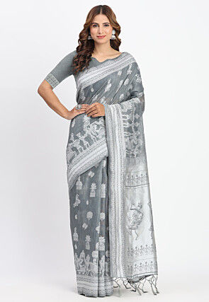 Woven Linen Cotton Saree in Grey