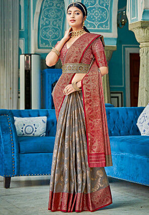 Woven Linen Cotton Saree in Grey