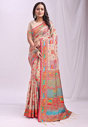 Woven Linen Cotton Saree in Light Beige