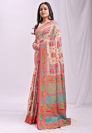 Woven Linen Cotton Saree in Light Beige