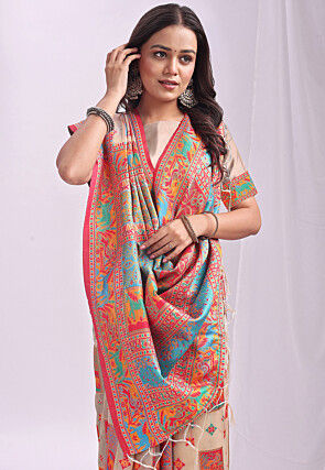 Woven Linen Cotton Saree in Light Beige