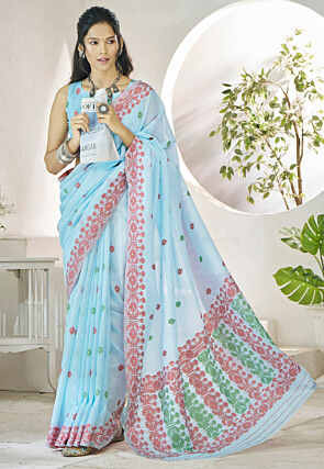 Woven Linen Cotton Saree in Light Blue