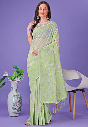 Woven Linen Cotton Saree in Light Green
