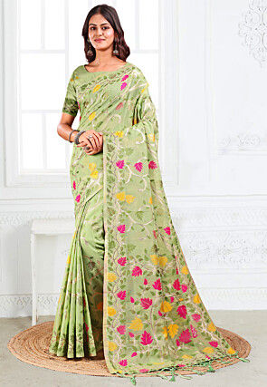 Woven Linen Cotton Saree in Light Green