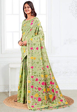 Woven Linen Cotton Saree in Light Green