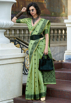 Woven Linen Cotton Saree in Light Green