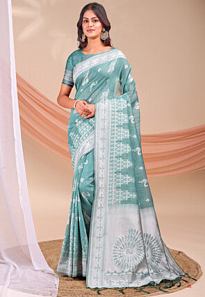 Woven Linen Cotton Saree in Light Teal Green