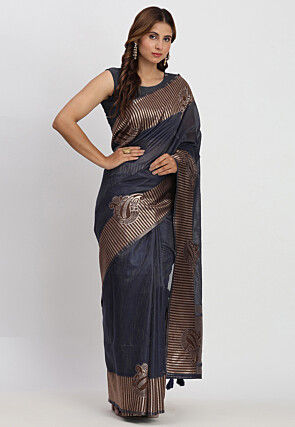Woven Linen Cotton Saree in Navy Blue