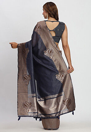 Woven Linen Cotton Saree in Navy Blue