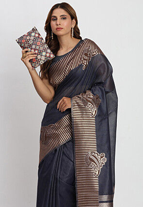 Woven Linen Cotton Saree in Navy Blue