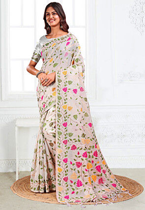 Woven Linen Cotton Saree in Off White