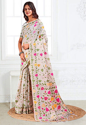 Woven Linen Cotton Saree in Off White