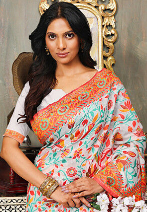 Woven Linen Cotton Saree in Off White