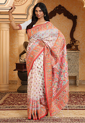 Woven Linen Cotton Saree in Off White
