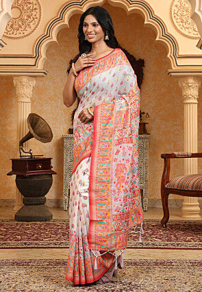 Woven Linen Cotton Saree in Off White