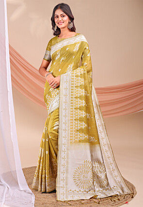 Woven Linen Cotton Saree in Olive Green