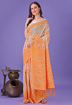 Woven Linen Cotton Saree in Orange