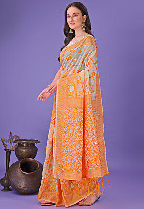Woven Linen Cotton Saree in Orange