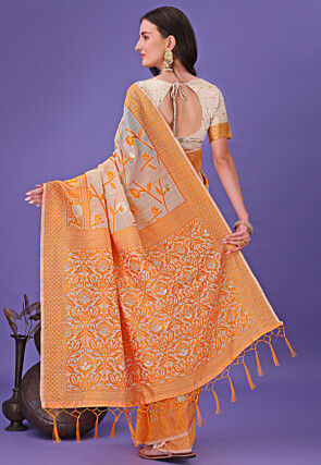 Woven Linen Cotton Saree in Orange