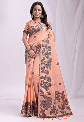 Woven Linen Cotton Saree in Pastel Orange