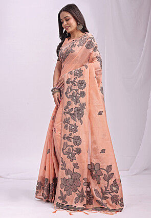 Woven Linen Cotton Saree in Pastel Orange