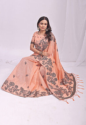 Woven Linen Cotton Saree in Pastel Orange