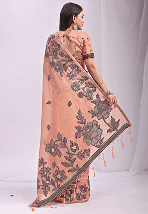Woven Linen Cotton Saree in Pastel Orange