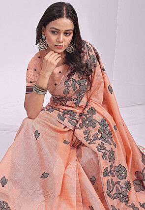Woven Linen Cotton Saree in Pastel Orange