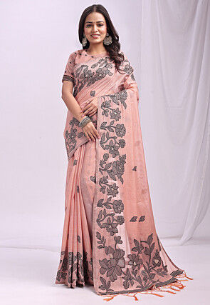 Woven Linen Cotton Saree in Peach