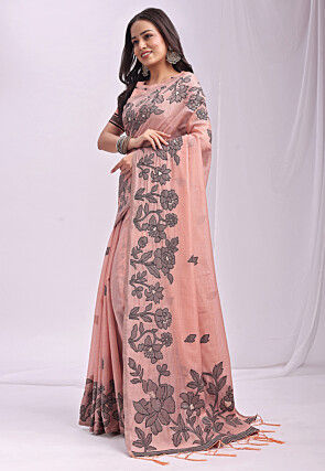 Woven Linen Cotton Saree in Peach