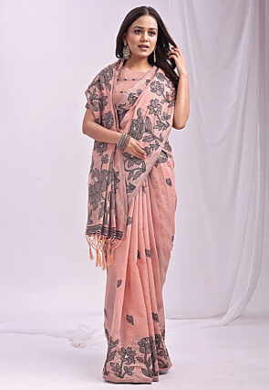Woven Linen Cotton Saree in Peach