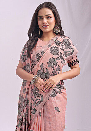 Woven Linen Cotton Saree in Peach