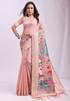Woven Linen Cotton Saree in Peach