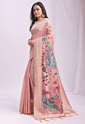 Woven Linen Cotton Saree in Peach