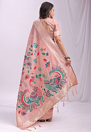 Woven Linen Cotton Saree in Peach