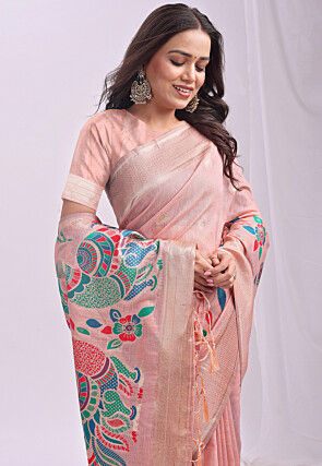 Woven Linen Cotton Saree in Peach