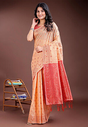 Woven Linen Cotton Saree in Peach