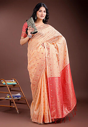 Woven Linen Cotton Saree in Peach