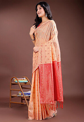 Woven Linen Cotton Saree in Peach