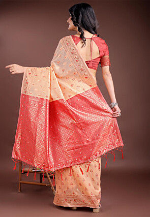 Woven Linen Cotton Saree in Peach