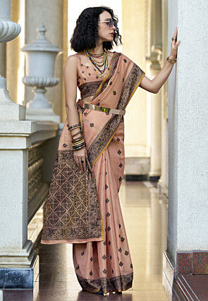 Woven Linen Cotton Saree in Peach